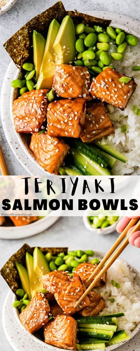 Teriyaki Salmon Avocado Rice Stack, Soyaki Salmon, Teriyaki Salmon Rice Bowl, Salmon Teriyaki Bowl, Salmon Avocado Cucumber, Teriyaki Salmon Bowl, Salmon Sushi Bowl, Sushi House, Gut Recipes