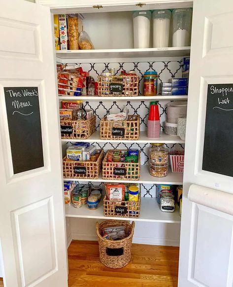 Chalk Boards on a Double Door Pantry Cabinet - Soul & Lane Pantry Wallpaper Ideas, Double Door Pantry, Double Pantry Doors, Pantry Wallpaper, White Kitchen Counters, Double Pantry, Gray Subway Tile Backsplash, Red Brick Wallpaper, Round Wicker Basket