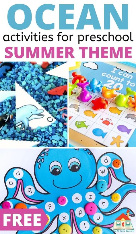 If you're planning an ocean preschool theme, these 20+ free preschool ocean printables are a fantastic way to add some low-prep, hands-on learning to your lesson plans. These free printable activities cover literacy, math, and pre-writing fine motor skills. These preschool ocean printables will help your preschoolers learn literacy concepts such as letter recognition, math concepts such as counting, and they'll help them practice fine motor skills for writing. Octopus Math Preschool, Sea Creature Theme Preschool, Beach Fine Motor Activities Preschool, Ocean Small Group Activities Preschool, Ocean Math Activities For Toddlers, Sea Life Activities For Preschool, Ocean Learning Activities Preschool, Ocean Activities For Preschool, Ocean Life Preschool Activities