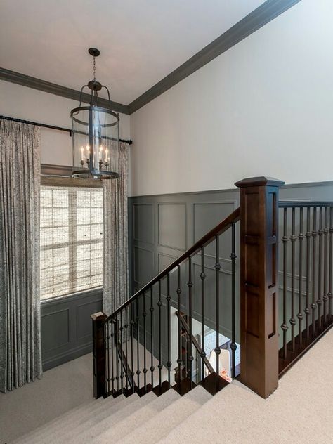 Colored wainscoting for hallway that's not white! Dark Wainscoting Ideas, Wainscoting Staircase, Wainscoting Height, Picture Frame Wainscoting, Black Wainscoting, Wainscoting Hallway, Wainscoting Stairs, Wainscoting Kitchen, Faux Wainscoting