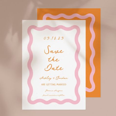 Squiggle Invite, Pink Orange Invitation, Wavy Wedding Invitations, Pink Orange Wedding Theme, Wedding Invitations Retro, Pink And Orange Wedding Invitations, Wedding Invitations Colorful, Wavy Invitation, Date Gift Ideas