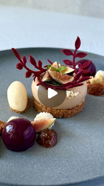 Fred Csibi-Levin | Doc Macaron on Instagram: "(Recipe) Earl Grey, Fig, Pomegranate. This plated dessert showcases warm autumn flavors, multiple textures and striking colors, particularly the burgundy tuile.   - Earl Grey mousse, set in Stone molds - Fig confit  - Pomegranate gelée (in mini spheres) - Reconstituted sablé Breton, modified recipe from @matthieu_payetgodel  - Vanilla bean chantilly  - Tuile  - Honey ice cream   Earl Grey mousse:  -Infusion: 200g heavy cream (1), 200g milk, 20-40g Early Grey loose leaf -20g Egg Yolks, 10g Sugar, 90g white chocolate, 1 gelatin sheet (silver), 130g heavy cream (2)  Fig Confit: 275g figs, 10g lemon juice, 40g sugar, 1.5g NH pectin, Pinch of salt  Pomegranate Gelée: 125g pomegranate puree, 10g inverted sugar, 10g lemon juice, 15g sugar, Pinch of sa Earl Grey Mousse, Earl Grey Desserts, White Chocolate Mousse Recipe, Ice Cream Plating, Dolci Finger Food, Early Grey, Honey Ice Cream, Plated Dessert, White Chocolate Mousse