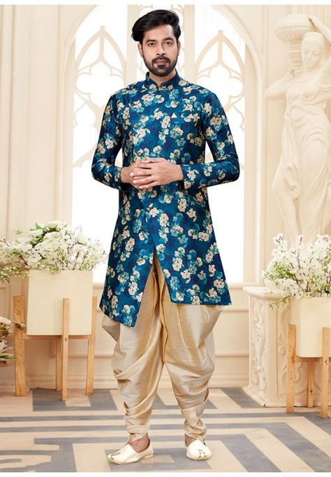 Peacock Blue Jacquard Designer Indo Western Sherwani With Dhoti, Dhoti Sherwani, Blue Sherwani, First Birthday Dresses, Men's Ethnic Wear, Dress Suits For Men, Fancy Buttons, Utsav Fashion, Cream Colour