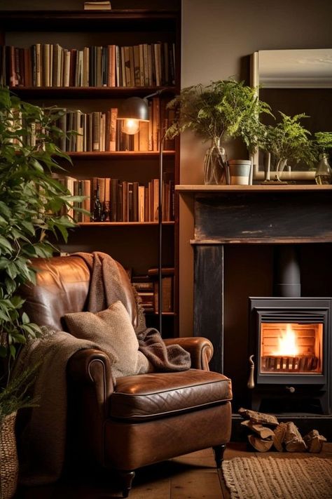 Lounge Reading Corner, Small Window Reading Nook, Small Whiskey Room, Reading Nook With Fireplace, Small Reading Nook Ideas, Home Den Ideas, Reading Chairs Comfy, Bedroom Reading Nook Cozy Corner, Fireplace Sitting Room