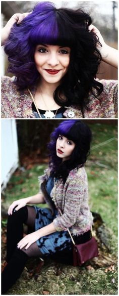 Half purple, half black. Half And Half Hair, Scene Girl, Multi Colored Hair, Awesome Hair, Trendy Hair Color, Colorful Hair, Scene Hair, Colored Hair, Dye My Hair