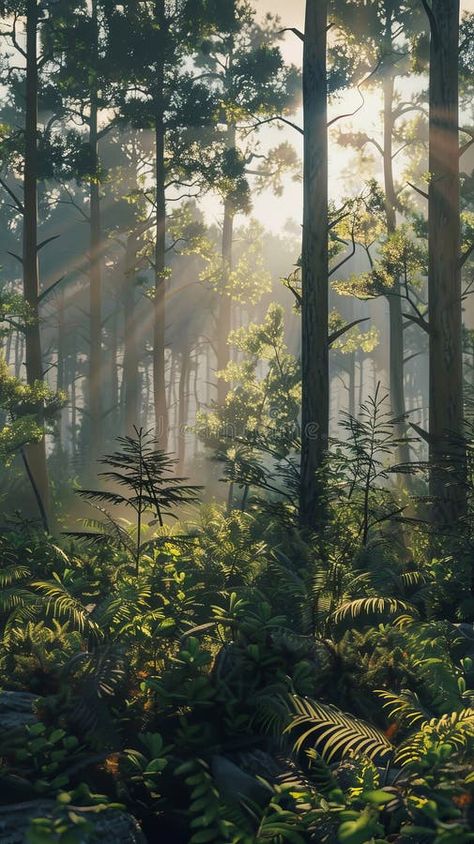 Sunlight streaming through dense forest during golden hour, lush green foliage. Tranquility and nature concept stock photos Pine Forest Aesthetic, Chinese Nature, Background Practice, Concept Advertisement, Atmosphere Aesthetic, Deciduous Forest, Forest Clearing, Photos To Paint, Japanese Forest