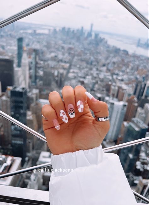 Checkered Coffin Acrylic Nails, Modern French Nails Coffin, Cute Acrilyc Nail Ideas, Asethic Nails, Aethstetic Nails, Acrilyc Nails Design Ideas, Hope Nails, Summer Nail Ideas, Lilac Nails