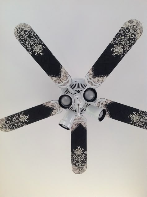 My take on modge podge ceiling fan redo.  Thank you for the idea.  I like to layer the scrapbook papers!! Ceiling Fan Redo, Ceiling Fan Update, Fan Blade Art, Home Decor Cheap, Ceiling Fan Makeover, Ceiling Fan Blades, Painting Ceiling Fans, Diy Ceiling, Diy Fan