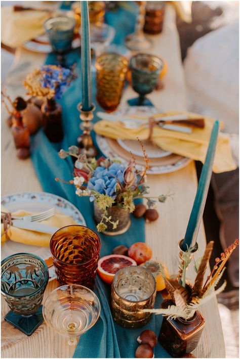 Bohemian Table Centerpieces, Mustard Table Setting, Teal Table Runner Wedding, Farm Style Wedding Table Decor, Mustard Table Runner, Table Cloths For Weddings, Teal Thanksgiving Table Decor, Teal And Mustard Wedding, Blue Plates Table Setting