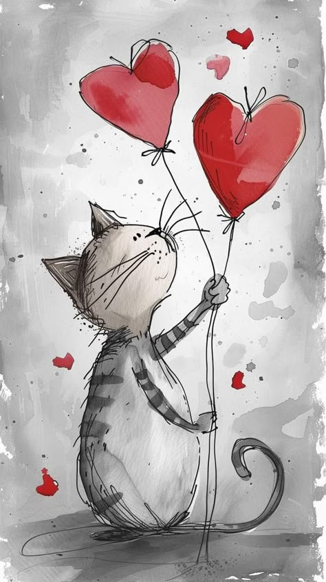 Whimsical Art Drawings, Valentines Cat, Whimsical Drawings, Valentine Cat, Valentines Day Images, Valentines Watercolor, Valentines Illustration, Whimsical Art Paintings, Valentine Background