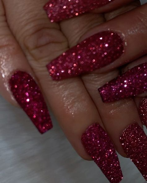 Ruby Red Nails Glitter, Sparkly Red Nails Acrylic, Red Sparkly Christmas Nails, Red Sparkly Nails, Sparkly Christmas Nails, Pink Sparkly Nails, Walk Ins Welcome, Dance Nails, Disco Nails