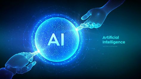 AI. Artificial Intelligence. Hands of Robot and Human touching sphere with circuit board pattern. Artificial Intelligence and Machine Learning technology concept. Neural networks. Vector illustration. Artificial Intelegent Illustration, Brain Png, Learning Technology, Heart Tree, Cityscape Photos, Heart With Arrow, Photo Template, Circuit Board, Flower Heart