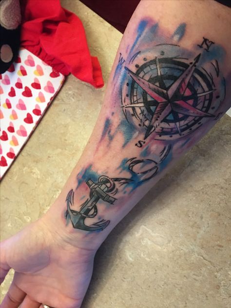 Compass with anchor and water colors Beauty Tattoo Ideas For Women, Anchor And Compass Tattoo, Tats Men, Tattoo Font Styles, Tattoo Font For Men, King Princess, Compass Tattoo Design, Clock Tattoo Design, Water Tattoo