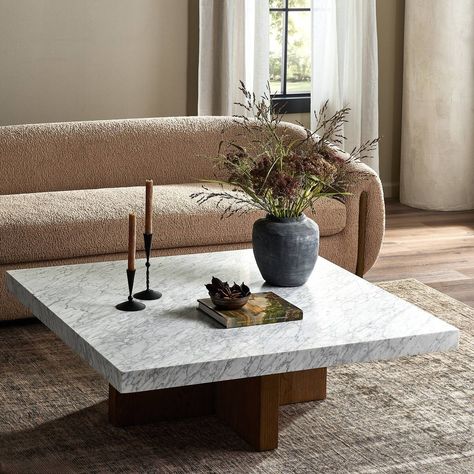 Bellamy Square Coffee Table White Carrara Marble Four Hands Marble Square, Carrera Marble, Square Coffee Table, Matching Furniture, Wood And Marble, Square Table, Coffee Table White, Marble Coffee Table, Rectangular Coffee Table