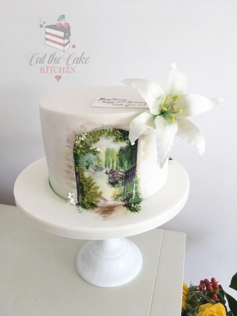 Secret Garden  by Emma Lake - Cut The Cake Kitchen Secret Garden Cake Ideas, Secret Garden Cake, Garden Design Cake Ideas, Gardening Theme Cake, Fondant Garden Cake, Birthday Cake For Gardeners, The Secret Garden Painting, Hand Painted Cakes, Garden Cakes