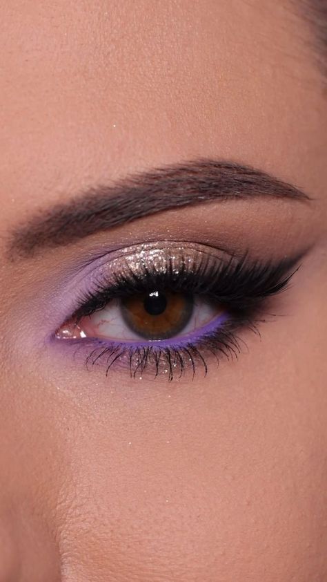 Hint Of Purple Eye Makeup, Purple Gold Makeup Look, Home Coming Make Up Looks, Purple Bridal Makeup For Brown Eyes, Purple Wedding Makeup The Bride, Purple Hoco Makeup, Purple Makeup Ideas Simple, Purple Homecoming Makeup, Speak Now Makeup Looks