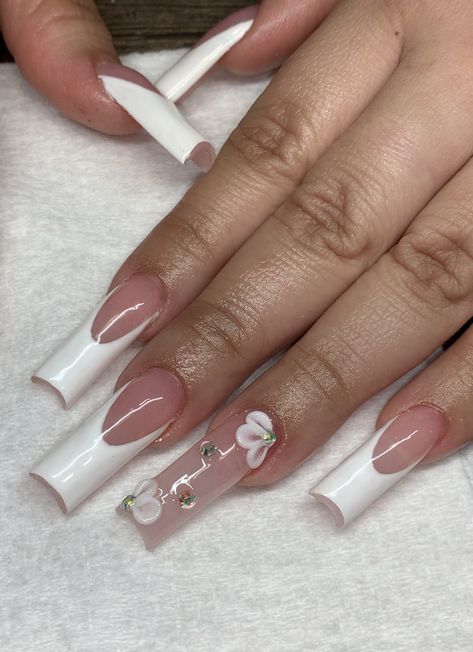 Nail Inspo Tiktok, Medium French Tip Acrylic Nails With 3d Flowers, French Tip Acrylic Nails With Flower, French Tip With 3d Flower, White French Tip Nails With Flowers, 3d Flower Nails Coffin, Acrylic Nails 3d Flowers, French Tip With Flower Design, 3d Flower Nails Acrylics