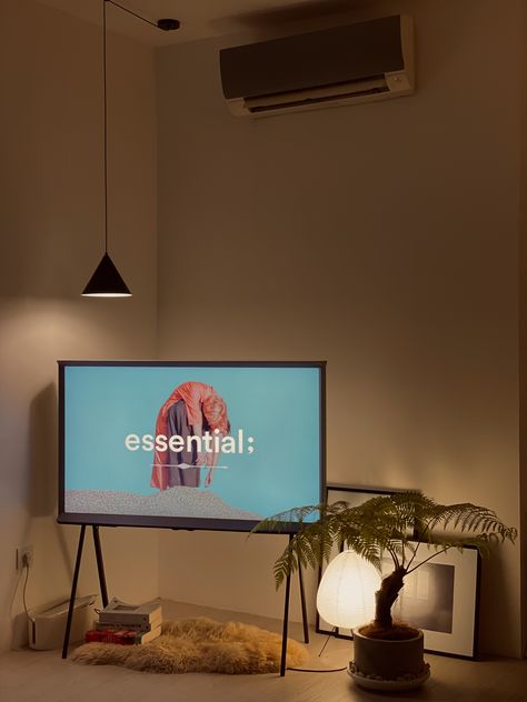 Tv On Floor Ideas, Tv Aesthetic Bedroom, Tv On Floor, Tv In Bedroom Aesthetic, Aesthetic Minimalist Apartment, Japanese Paper Lamp, Cozy Japandi, Rice Paper Lamp, Aesthetic Tv