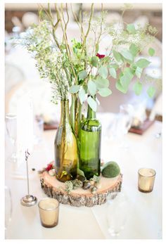 wedding centerpiece with bottles and wooden disk | bottle centerpiece with burlap + wood slab...i can drink all the wine ... Diy Table Centerpieces For Home, Wine Bottle Wedding Decor, Wood Centerpiece, Wine Bottle Centerpieces, Table Centerpieces For Home, Table Centerpieces Diy, Wedding Wine Bottles, Bottle Centerpieces, Wedding Bottles