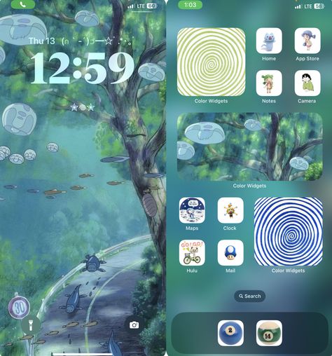 Aquatic Home Screen, Ios 16 Home Screen Ideas Jellyfish, Ocean Ios Theme, Phone Inspiration Layout, Iphone Theme Ideas, Phone Theme Ideas, Background Inspiration, Phone Layouts, Amoled Wallpapers