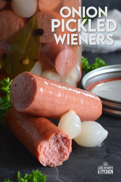 The easy to do recipe combines the flavour of the classic highway gas station pickled wieners with the bright, tart and sweet flavour of jarred pickled onions. Keep a jar in your fridge at all times for a quick snack or an easy lunch served with cheese and crackers! #pickled #wieners #cocktail #onions #pickledwieners Pickled Weiners Hot Dogs, Pickled Beef Heart Recipes, Pickled Hot Dogs Recipes, Pickled Weiners Recipes, Pickled Weiners, Pickled Hot Dogs, Pickled Hotdogs, Pickled Wieners Recipe, Pickled Sausage Recipe