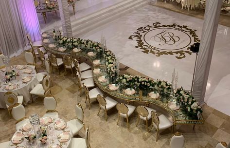 Gold Cake Table, Tall Clear Vase, Serpentine Table, Wedding Reception Tables Layout, Shadow Box Table, Luxury Event Decor, Circle Dining Table, Half Circle Table, Unique Wedding Receptions