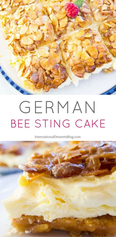 I love this creamy, crunchy honey almond German "Bee Sting Cake"! SO GOOD! #germany #cake #dessert #dessertrecipies Bee Sting Cake Recipe, German Bee Sting Cake, German Traditions, Traditional German Desserts, Bee Sting Cake, Norwegian Recipes, German Dishes, German Food Authentic, Cake International