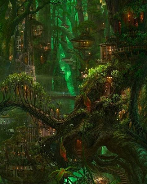 Fantasy Forest Wallpaper, Elf City, Elven City, Forest Village, Fantasy Village, Bangunan Minecraft, Art Of Animation, Fantasy Forest, Fantasy City