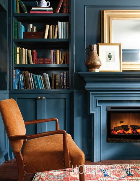 Best Moody Benjamin Moore Colors, Rugs For Blue Walls, Hudson Interior Design, Navy Blue Electric Fireplace, Dark Blue Painted Room, Deep Moody Blue Paint, Deep Blue Office Walls, Lead Gray Benjamin Moore, Deep Blue Walls Living Room