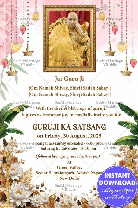 Guruji Birthday Invitation, Guruji Invitation Template, Guru Ji Satsang Invitation, Guruji Satsang Invitation, Satsang Invitation, Indian Invitation Cards, Flowers Theme, Wardrobe Interior, Traditional Invitation