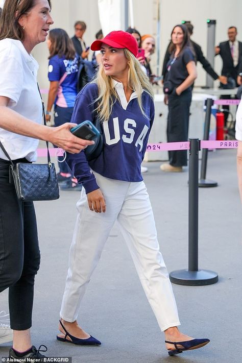 Emma Roberts shows her allegiance to Team USA at Olympics in Paris Emma Roberts Outfits, Emma Roberts Style, Eric Roberts, All American Girl, White Trousers, Usa Shirt, Taylor Swift Fan, Emma Roberts, Team Usa