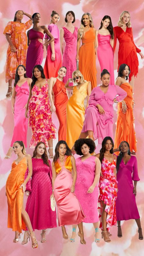 Sunset Color Palette Outfit, Bright Colour Bridesmaid Dresses, Sunset Bridal Party, Sunset Dress Code, Tropical Wedding Bridesmaid Dresses, Sunset Colors Wedding, Sunset Bridesmaid Dresses, Orange Dress Wedding, Orange And Pink Wedding