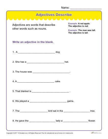 Fill In The Blanks With Adjectives, Math For 5th Graders, Adjective Words, Adjective Worksheet, Sequencing Worksheets, Describing Words, Blends Worksheets, Nouns Worksheet, Literacy Worksheets