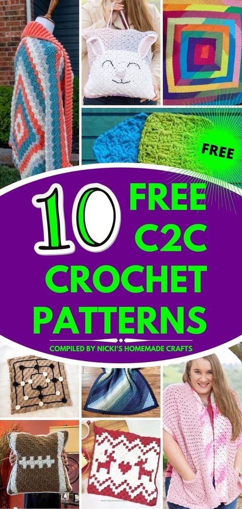 This collection of patterns includes corner-to-corner crochet blankets, scarves, home decor, a fun game, and even a sweater! By changing up the yarn weight and content, you can all sorts different effects, all from one stitch. Get the c2c crochet patterns free from Nicki's Homemade Crafts! #c2ccrochet #crochetgraphpatterns C2c Pocket Shawl Free Pattern, Free Corner To Corner Crochet Patterns, C2c Crochet Pattern Free Blanket, Free C2c Graphgan Patterns, Graphghans Crochet Patterns, C2c Crochet Pattern Free Beginner, C2c Crochet Pattern Free Charts Easy, Corner To Corner Crochet Pattern Free, Corner To Corner Graphgan