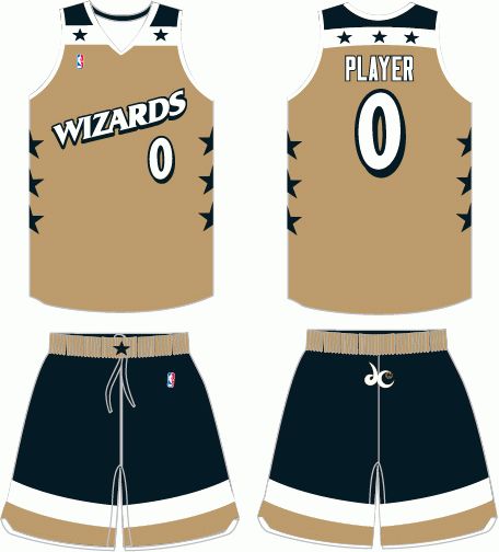 Washington Wizards Alternate Uniform (2007) - 'Wizards' on white on gold jersey with black shorts. Design Jersey Basket, Washington Wizards Jersey, Best Basketball Jersey Design, Jersey Basket, Nba Uniforms, Basketball Uniforms Design, Skateboarding Tricks, Basketball T Shirt Designs, Kobe Bryant Pictures