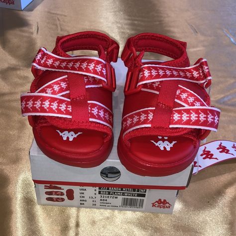 Red Kappa Slides Outfit, Red Kappa Slides, Kappa Slides Outfit, Kappa Slides, Kappa Shoes, Slides Outfit, Pretty Sneakers, Toddler Sandals Girl, Boys Sandals