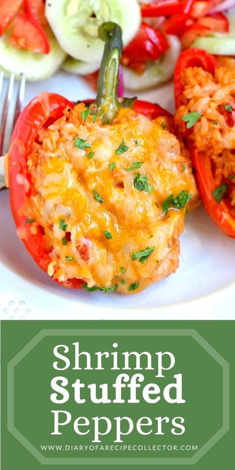 Shrimp Stuffed Peppers - Sweet red bell peppers stuffed with a creamy creole shrimp rice dressing is a fabulous meal and great for company too! Shrimp And Sweet Peppers, Stuffed Peppers Shrimp, Crab And Shrimp Stuffed Bell Peppers, Shrimp Stuffed Bell Peppers, Shrimp Stuffed Peppers, Grilled Stuffed Peppers, Pepper Recipes Healthy, Bell Peppers Stuffed, Creole Shrimp