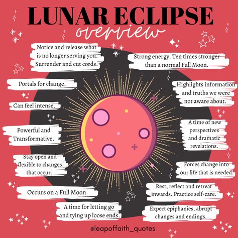 A Lunar Eclipse occurs when the Moon moves into Earths shadow blocking the sunlight falling on the Moon, making it appear slightly orange/red. Lunar Eclipses are ten times stronger than a normal Full Moon. As the Eclipse occurs when the Moon is full, it supercharges this lunations focus of releasing. This is a great time to practice clearing, forgiveness, shadow work and other Full Moon rituals such as welcoming in feelings of gratitude. #lunareclipse #astrology Eclipse Astrology, Full Moon Rituals, Full Moon Eclipse, Moon Rituals, Moon Journal, Solar Eclipses, Full Moon Ritual, Moon Eclipse, Moon Witch