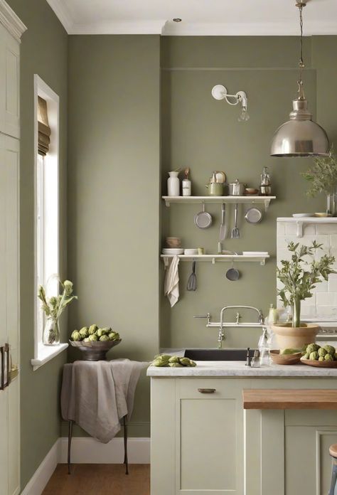 kitchen decor, interior design, paint color matching, home decorating Sw Artichoke Paint, Kitchen Paint Colors For Walls, Color For Kitchen Walls, Kitchen Wall Paint Ideas, Kitchen Wall Paint, Kitchen Wall Color, Green Kitchen Walls, Paint Guide, Paint For Kitchen Walls