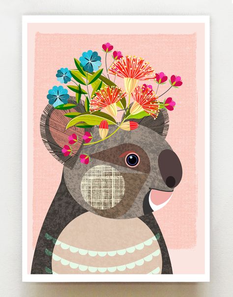 Australische Koala, Druck, DES72 New Zealand Art, Crown Print, Language Of Flowers, Australian Animals, Art Workshop, Paper And Ink, Create Image, Kids Decor, Animal Illustration