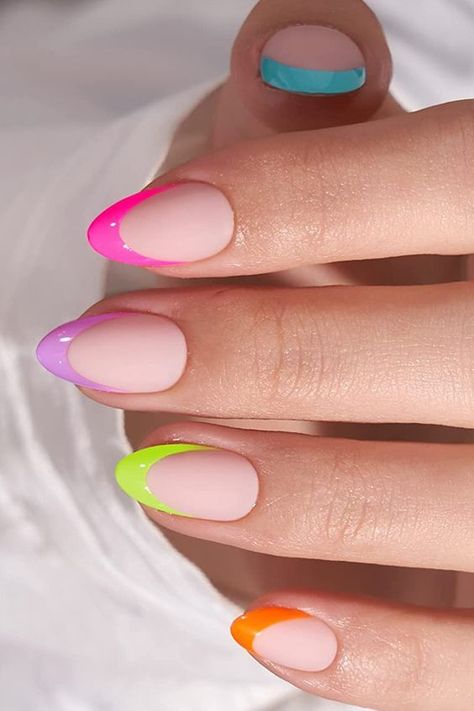 Vibrant 2024 Colored French Tip Nails: Pastel to Neon Trends Colored French Nails, Rainbow French, Do It Yourself Nails, Barbie Pink Nails, Multicolored Nails, Neon Nail Designs, French Tip Nail Designs, Colorful Nails, Summery Nails