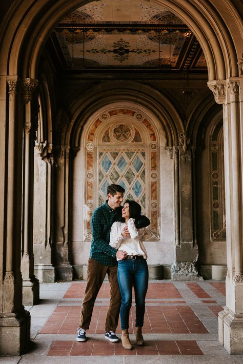 Engaged couple photoshoot in Central Park in NYC in the fall Central Park Engagement Shoot Spring, Nyc Fall Engagement Photos, Central Park Fall Photoshoot, Stairway Photography, Nyc In The Fall, Central Park Engagement Shoot, Engagement Photos Park, Central Park Engagement Photos, Nj Engagement Photos