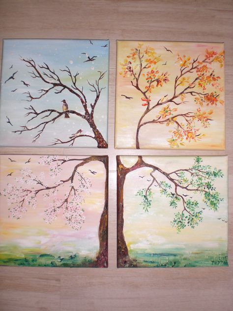 The Four Seasons Art, 4 Seasons Tree Painting, Four Seasons Drawing, Seasons Tree Art, Four Season Tree, Four Seasons Painting, Seasons Painting, Four Seasons Tree, Four Seasons Art