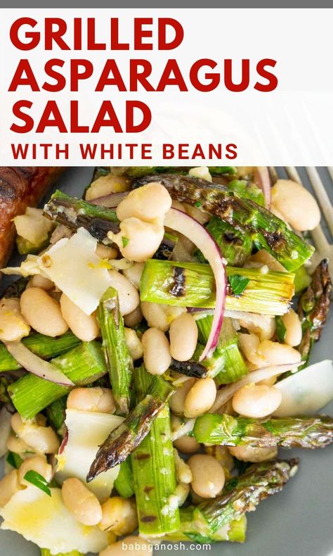 plate of white bean and grilled asparagus salad. Grilled Asparagus Salad, Salad With White Beans, Lemon Dijon Vinaigrette, Asparagus Salad Recipe, White Bean Recipes, Grilled Asparagus Recipes, Lemon Salad, Cookout Side Dishes, Asparagus Beans