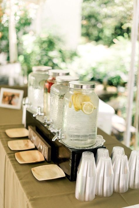 Backyard Engagement Party Ideas Decorations Drink Stations, Drink Table At Party, Drink Table At Wedding, Drink Tables Party, Drink Reception Ideas, Drink Wedding Station, Self Serve Drinks Wedding, Drinks Wedding Station, Tent Wedding Table Decor