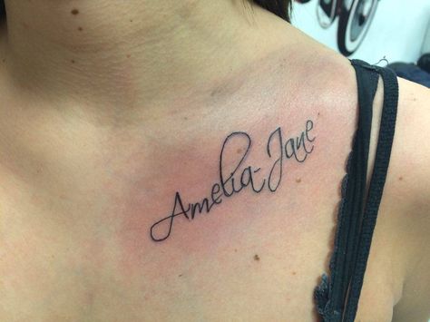 script writing, collar bone, tattoo, girly, cute, pretty, dainty, daughters name, Name Collarbone Tattoo, Name Tattoo Collar Bone, Name Tattoo On Collarbone, Name On Collar Bone Tattoo, Names On Collar Bone Tattoo, Collar Bone Tattoo Name, Tattoo Ideas Daughters Name, Womens Collarbone Tattoo Ideas, Name On Chest Tattoo