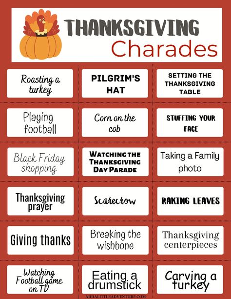 Free printable Thanksgiving charades game for adults and family fun, featuring hilarious and festive Thanksgiving-themed clues. Thanksgiving Family Fued Game Free, Thanksgiving Charades For Adults, Thanksgiving Bingo For Adults, Thanksgiving Card Games, Friendsgiving Games For Adults Free, Fun Christmas Party Games For Adults Free Printable, Thanksgiving Scavenger Hunt For Teens, Thanksgiving Family Feud Free, Thanksgiving Drinking Games For Adults