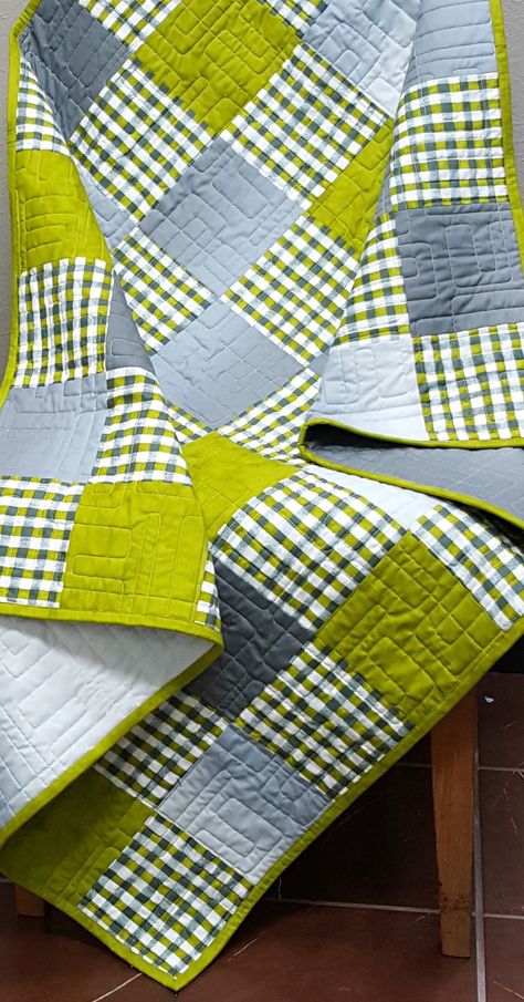 "If you have a vintage style, this quilt might be for you! With different shades and patterns of gray & green, this would be a great accent piece for your home.  This quilt is available in 1 size. All sizes are approximate. Infant - 38\" x 49\"  This quilt has been pre-washed. Your quilt is constructed with 100% cotton quilting fabric by Moda fabrics. I use 100% cotton quilt batting. Machine wash on delicate. Delicate dry. Your quilt is ready to ship now!" Neutral Baby Quilt, Gingham Quilt, Baby Quilt Kit, Neutral Quilt, Nursery Quilt, Baby Patchwork Quilt, Quilted Baby Blanket, Plaid Baby, Patchwork Baby