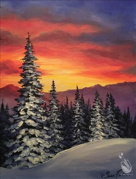 Painting With A Twist, Painting Party, Winter Sunset, Landscape Art Painting, Winter Painting, Winter Scenery, Nature Art Painting, Sunset Painting, Winter Art