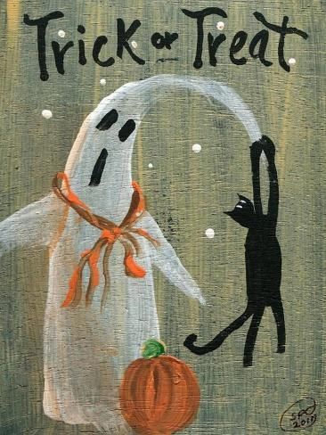 size: 12x9in Art Print: Trick or Treat Ghost & Funny Black Cat by sylvia pimental : Ghost Funny, Fall Wood Crafts, Funny Black Cat, Halloween Wood Crafts, Halloween Decorations Diy Outdoor, Black Cat Art, Fall Halloween Crafts, Halloween Illustration, Halloween Painting